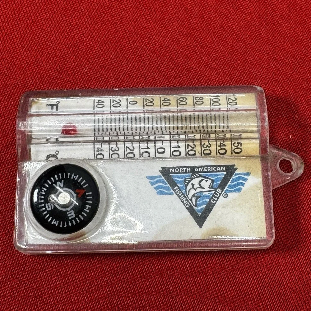 Vintage North American Fishing Club Keychain, Temperature Gauge, Compass & Chill